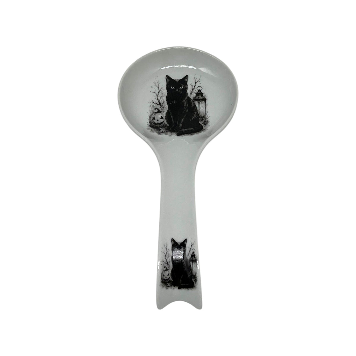 Midnight Black Cat long Halloween spoon rest with black cat, jack-o’-lantern, vintage lantern and black-and-white artwork on bowl and handle