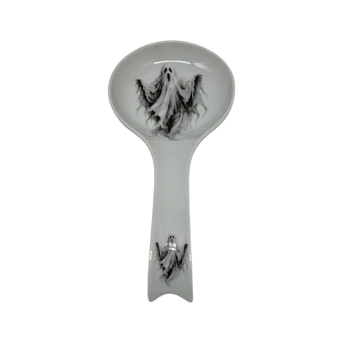 Haunted Spirit Halloween long spoon rest featuring flowing black-and-white ghost artwork on the bowl and handle