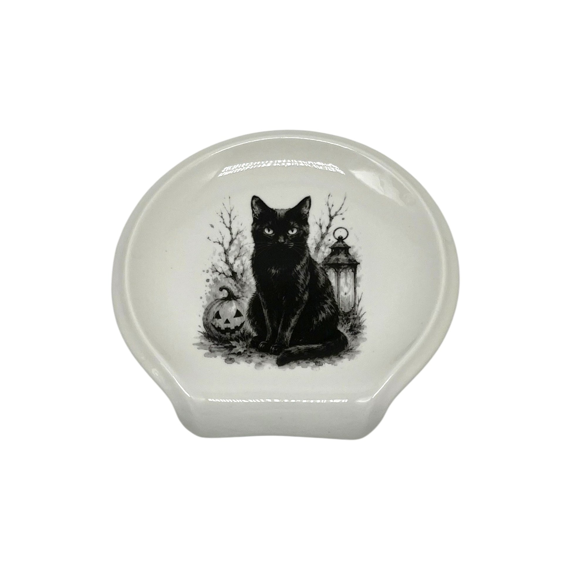 Midnight Black Cat Halloween spoon rest featuring black cat, jack-o’-lantern, vintage lantern and black-and-white spooky artwork