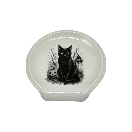 Midnight Black Cat Halloween spoon rest featuring black cat, jack-o’-lantern, vintage lantern and black-and-white spooky artwork