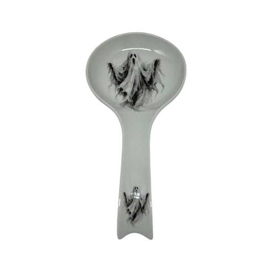 Haunted Spirit Halloween long spoon rest featuring flowing black-and-white ghost artwork on the bowl and handle