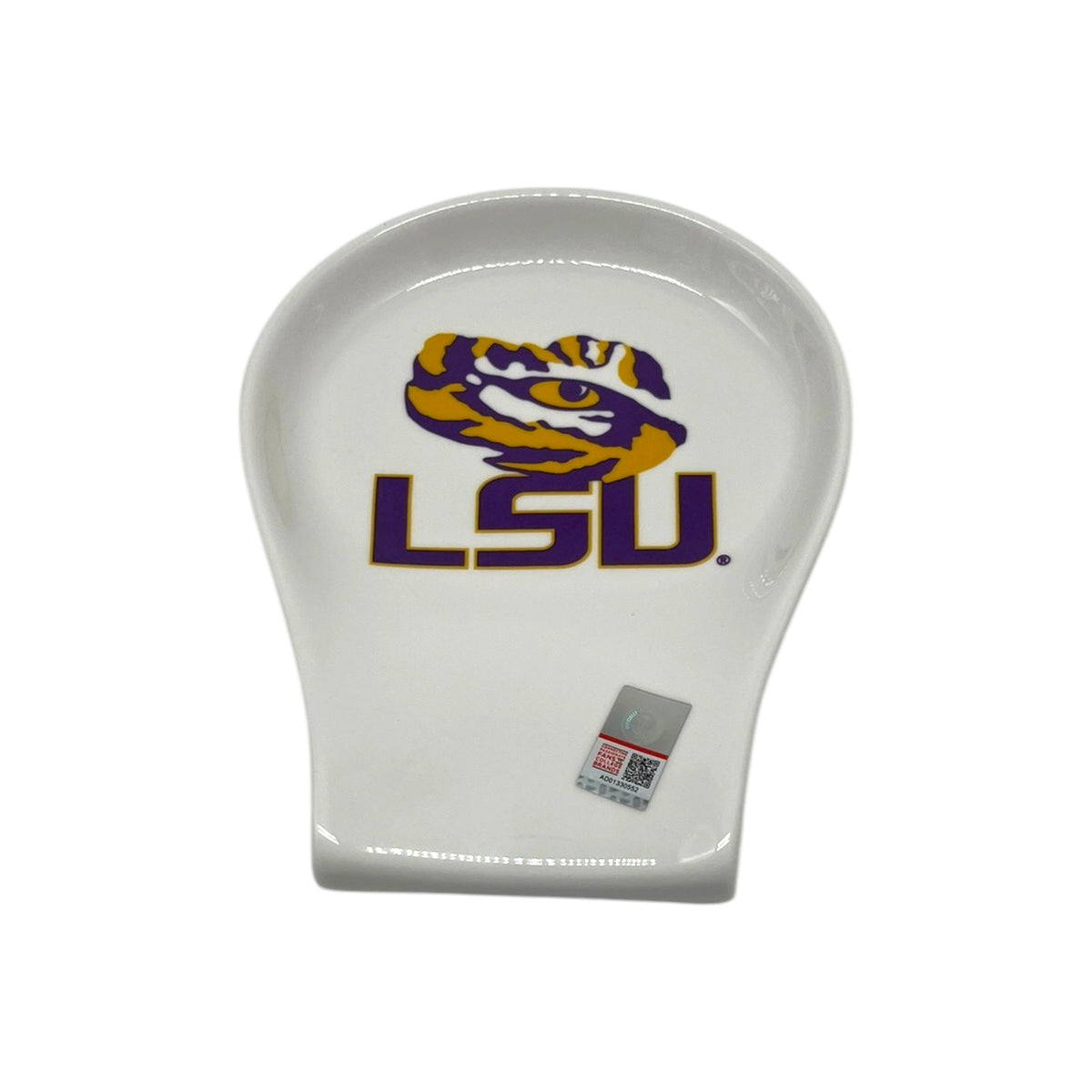 White LSU Tiger Eye spoon rest featuring purple and gold tiger eye artwork and LSU lettering