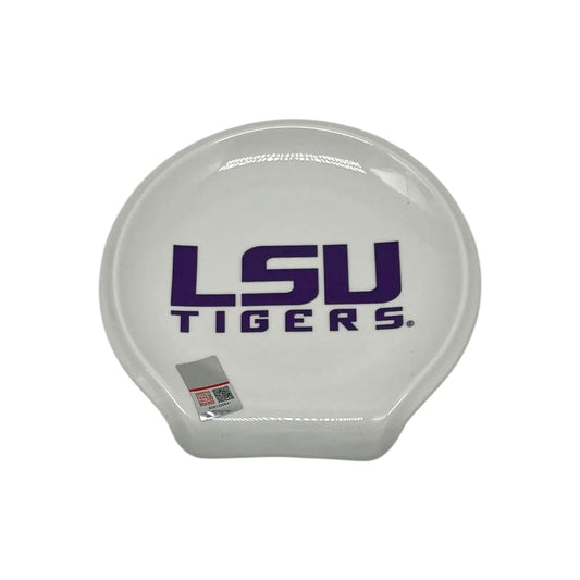 White LSU Tigers spoon rest featuring the purple LSU Tigers logo