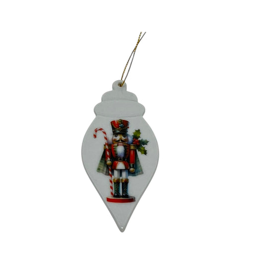 Candy Cane Nutcracker Teardrop Porcelain Ornament